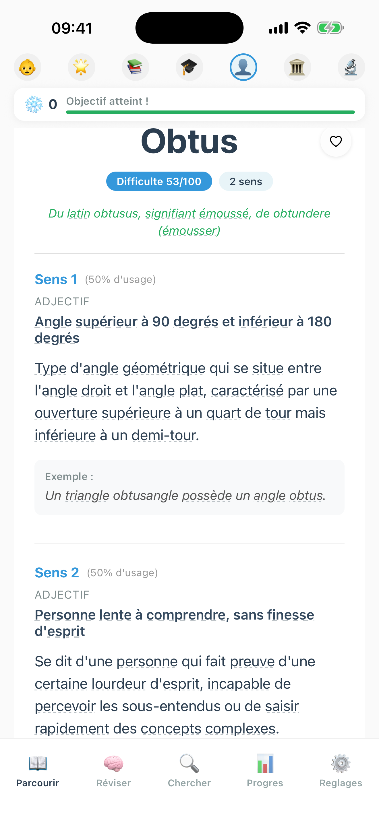 Capture d'écran de l'application Dicode montrant l'interface de découverte de mots